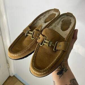 COLE HAAN Tan Suede Sherpa Lined Buckle Detail Slide On Backless Shoes Size 6.5